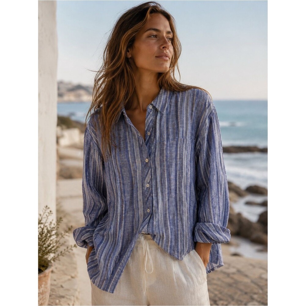 Susan Graver Linen Blend Blue White Striped Button Up Shirt Blouse Size 2XP NWOT